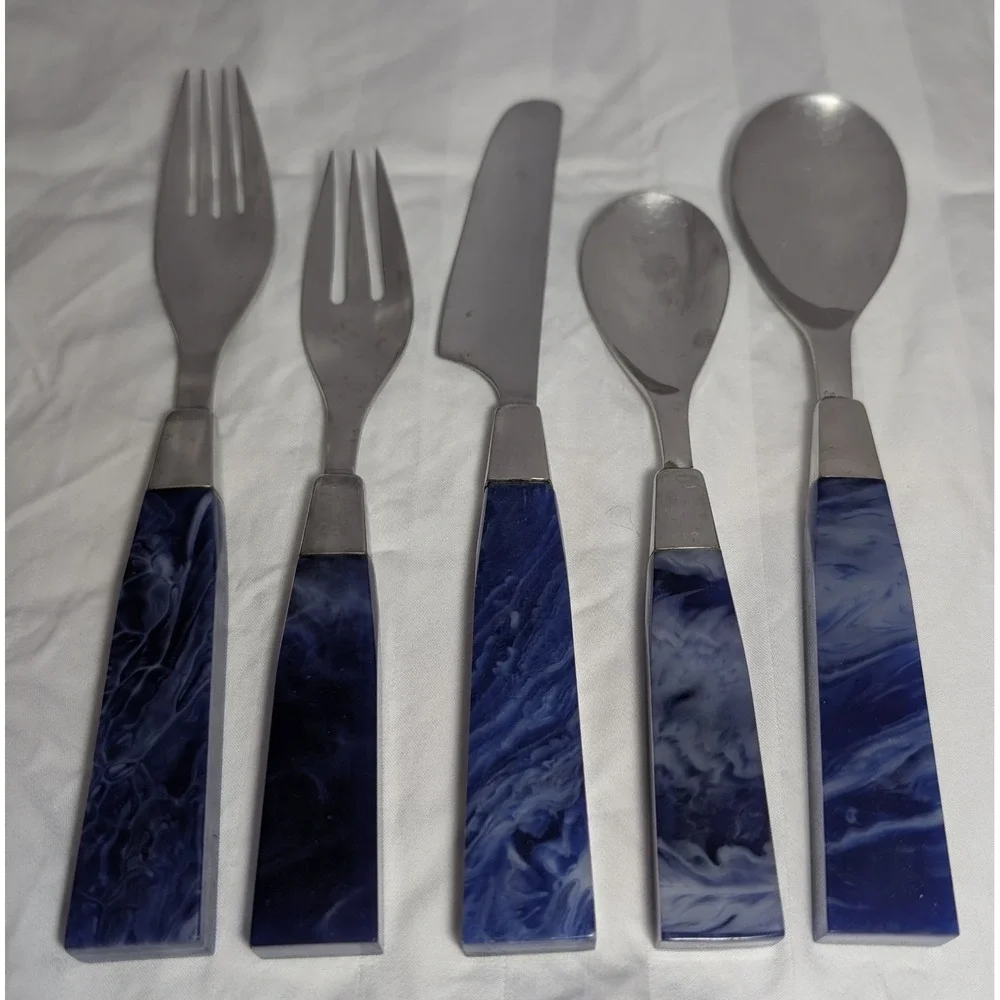 28 Pc MCM Supreme Cutlery Lucite Stainless Flatware Japan RARE Blue White Marble